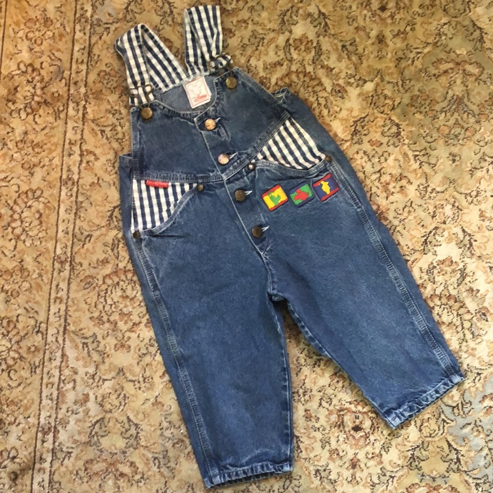 VINTAGE Euro Disney size 18 Month Denim Overalls Patches & Plaid Inserts UNISEX